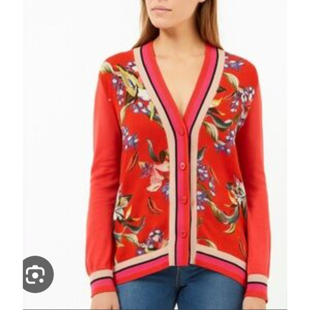 Aldo Martins Bamboo Colorful Button Cardigan Sweater L Barcelona Floral Coral